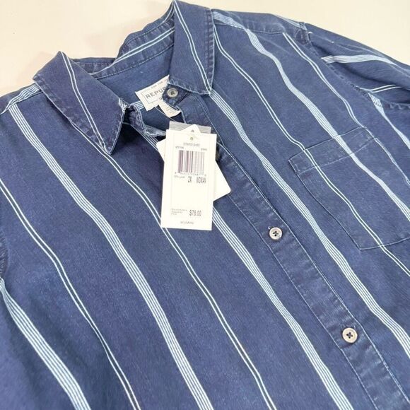 For The Republic Denim Shirt Womens 2X Blue Striped Button-Down Tee Mature New - Picture 2 of 8